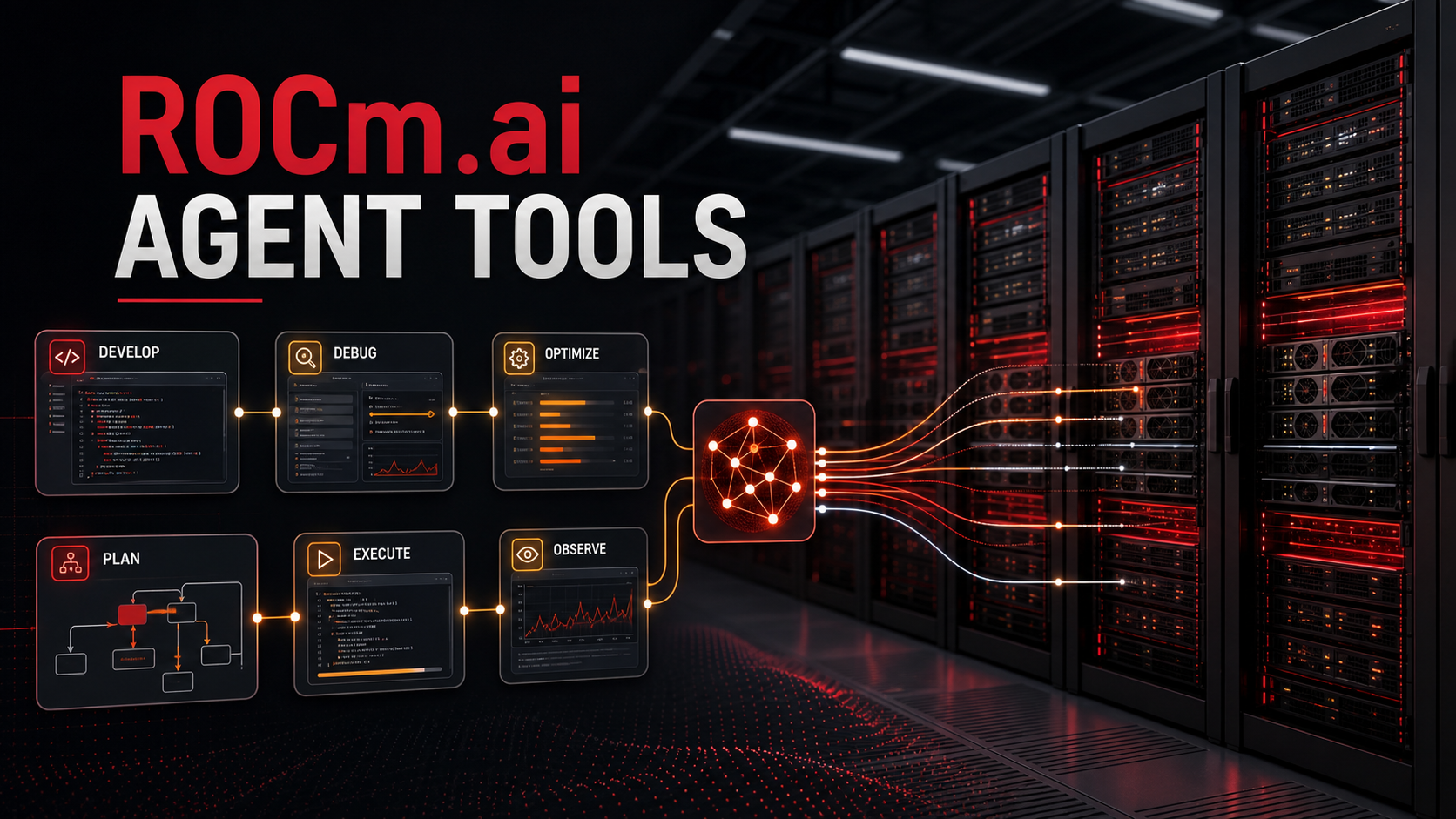 Abstract editorial illustration of coding agents connecting ROCm software workflows to AMD Helios AI infrastructure
