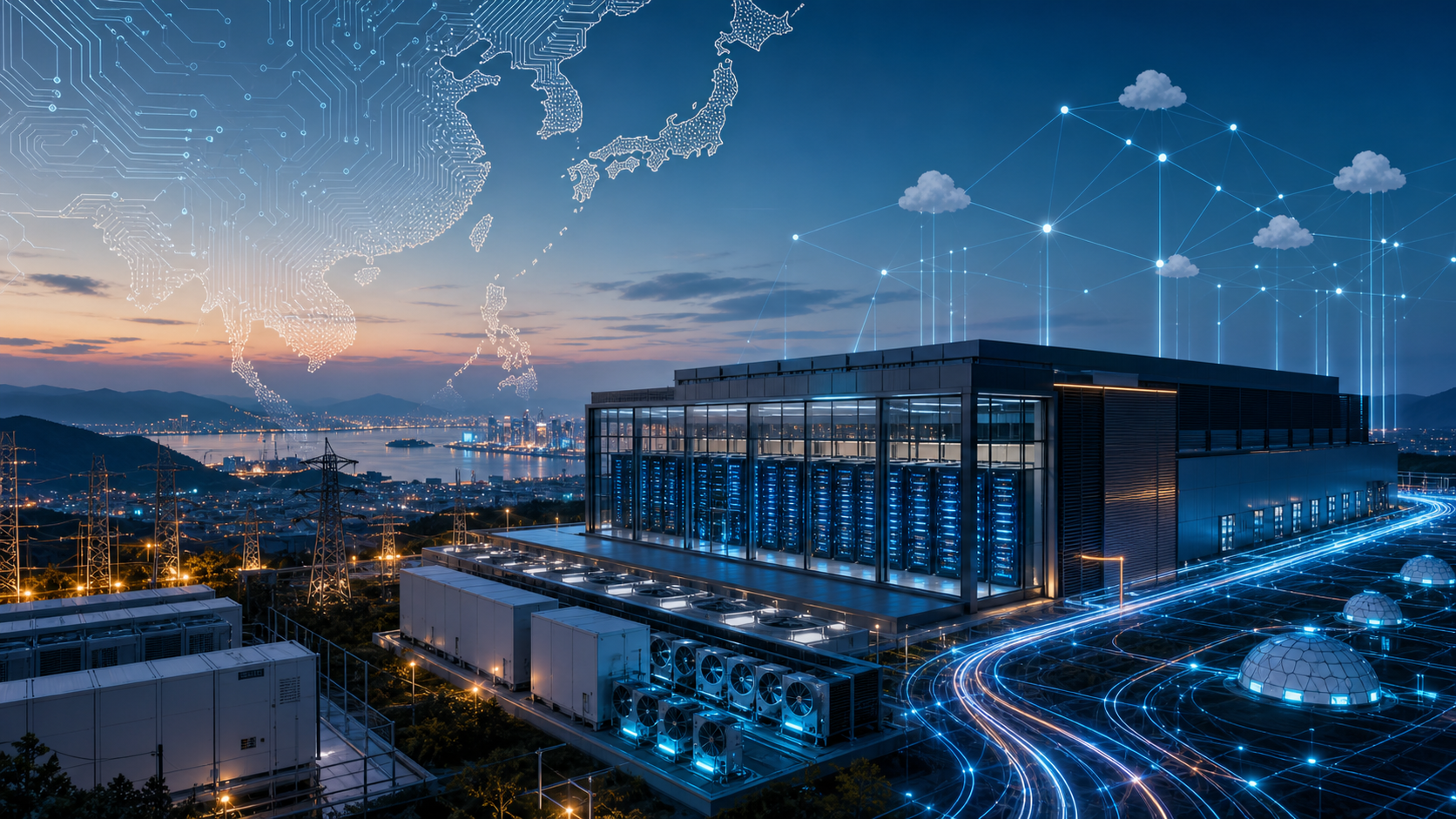 Sovereign AI infrastructure data centre with regional cloud and network connections across Asia