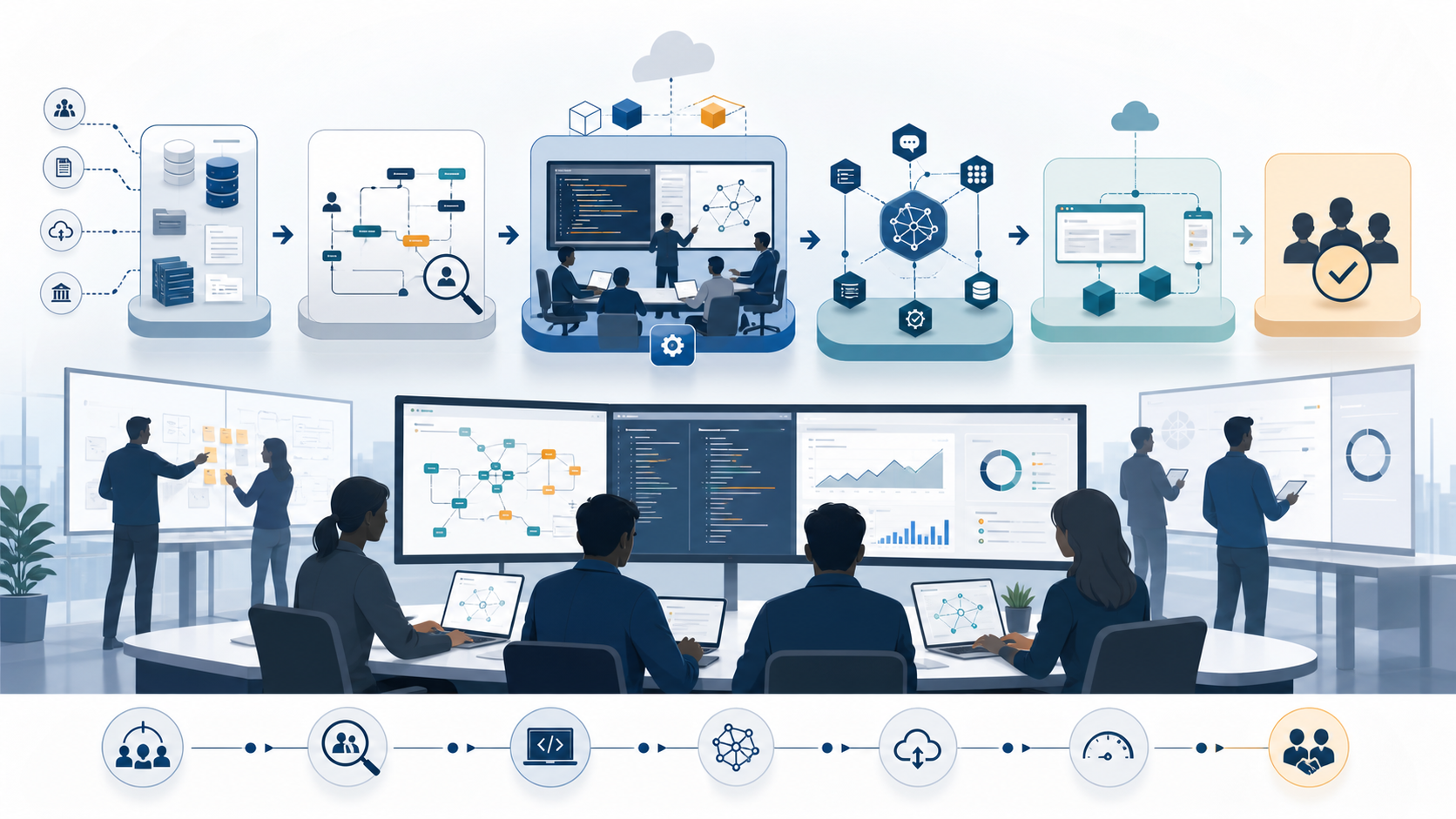 Conceptual flow showing forward-deployed AI engineers working with enterprise platform teams from discovery through deployment and handoff.