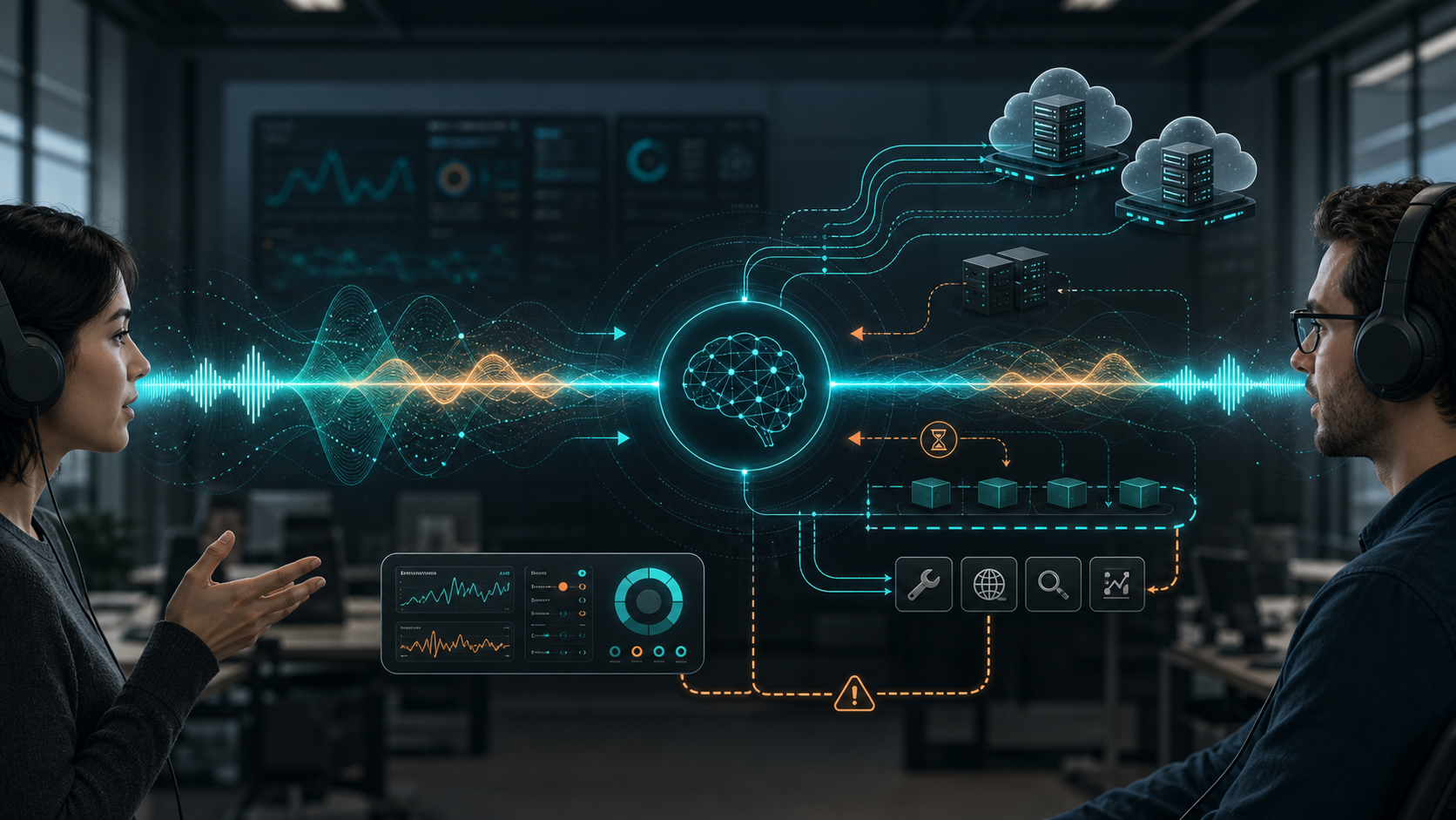 Illustration of a full-duplex voice agent routing live audio, backend model work and observability traces