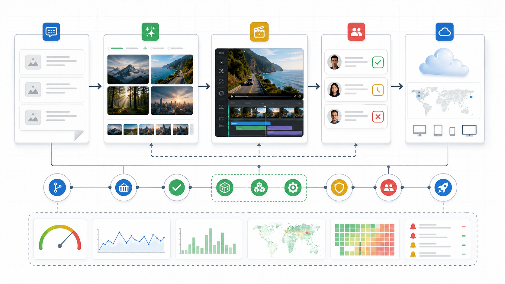 Illustration of a DevOps media pipeline connecting prompts, image generation, video editing, review gates and deployment monitoring