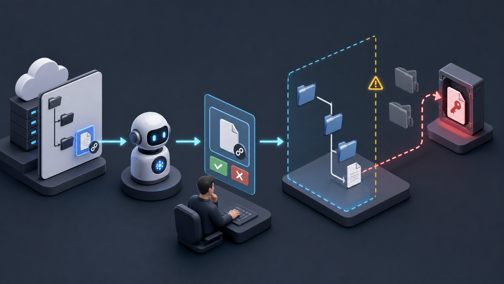 Diagram-style illustration showing a repository symlink redirecting an AI coding agent toward a protected system file