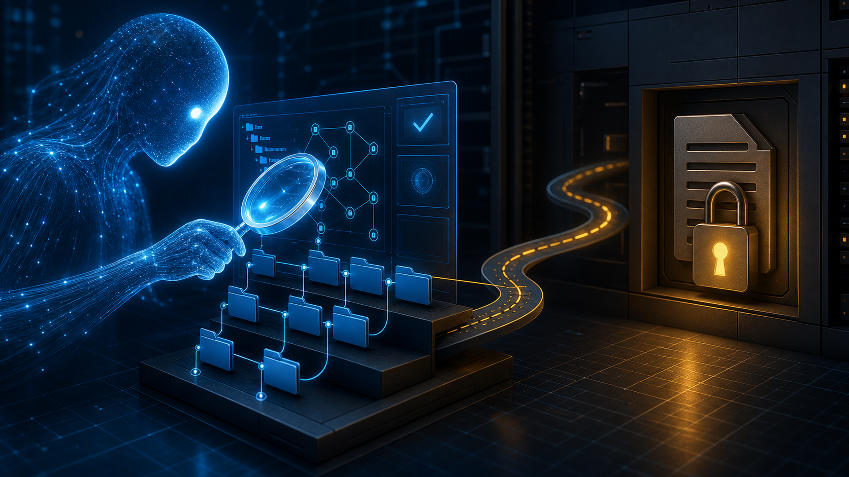 Abstract security illustration of an AI coding agent confronting a hidden filesystem path