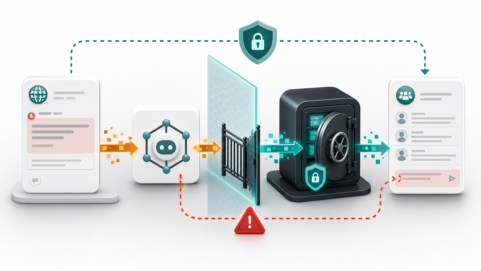Diagram-style illustration of a public issue moving through an AI agent toward private repository data and a public comment.