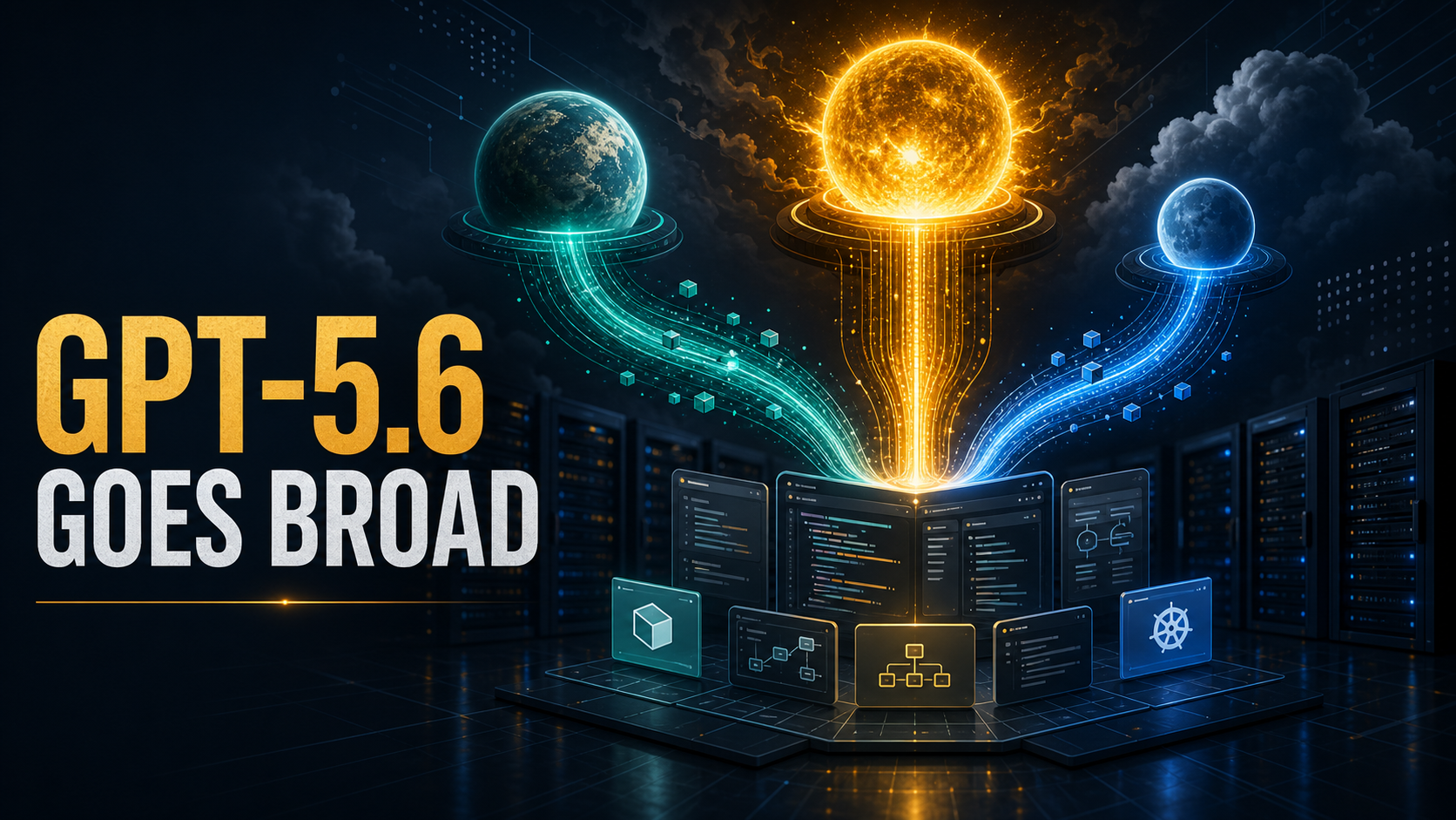 Editorial illustration of GPT-5.6 Sol, Terra and Luna compute streams powering a cloud engineering workspace