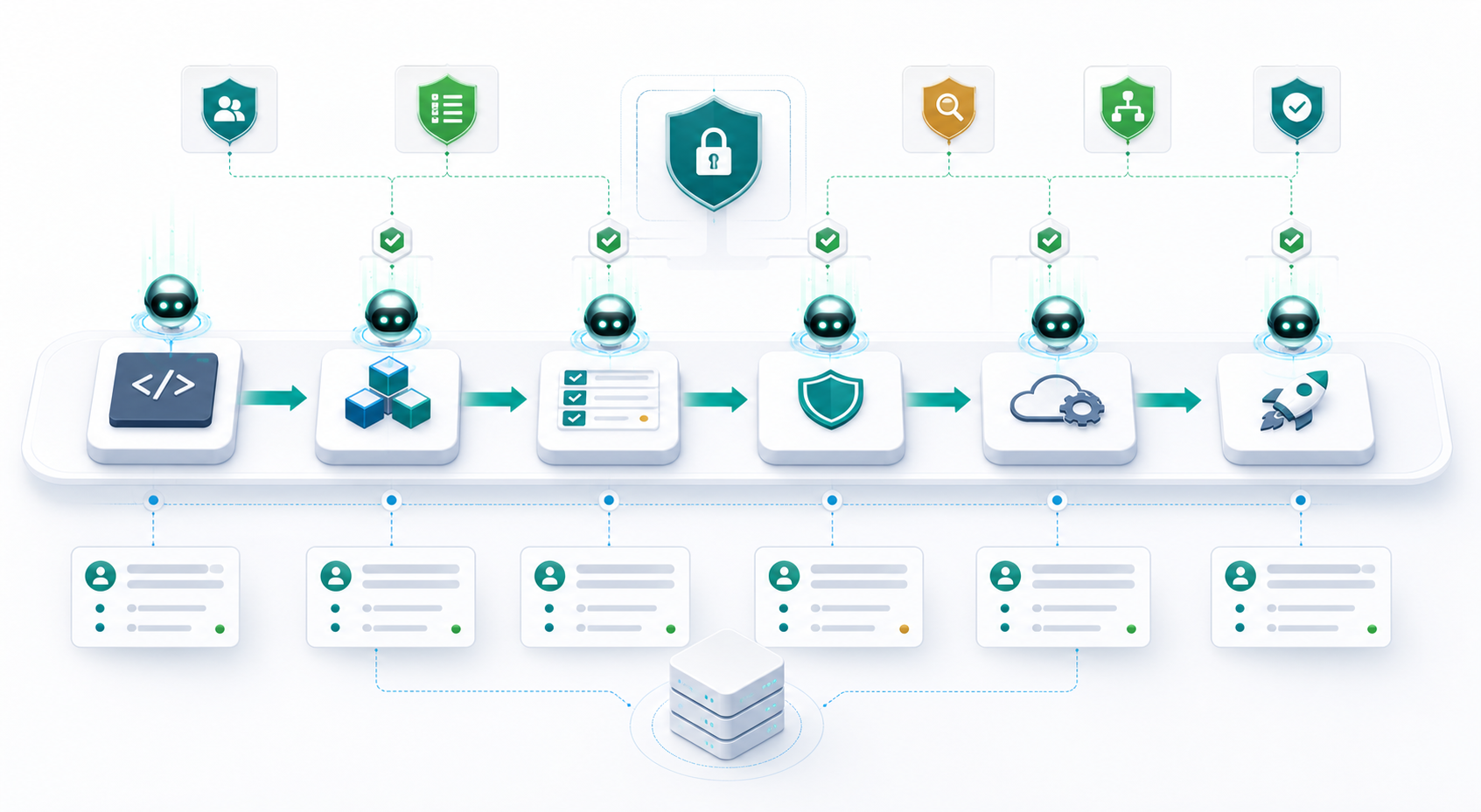 Visual workflow showing AI worker agents passing through build, test, security and deployment gates