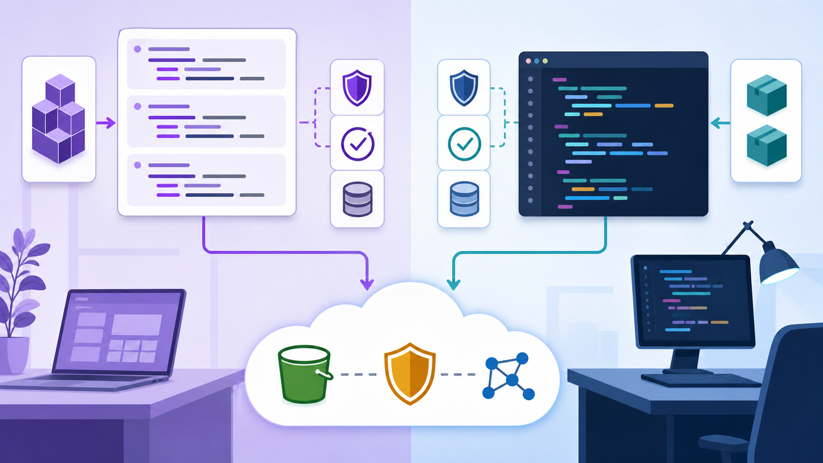 Side by side illustration of HCL modules and TypeScript infrastructure code creating cloud resources