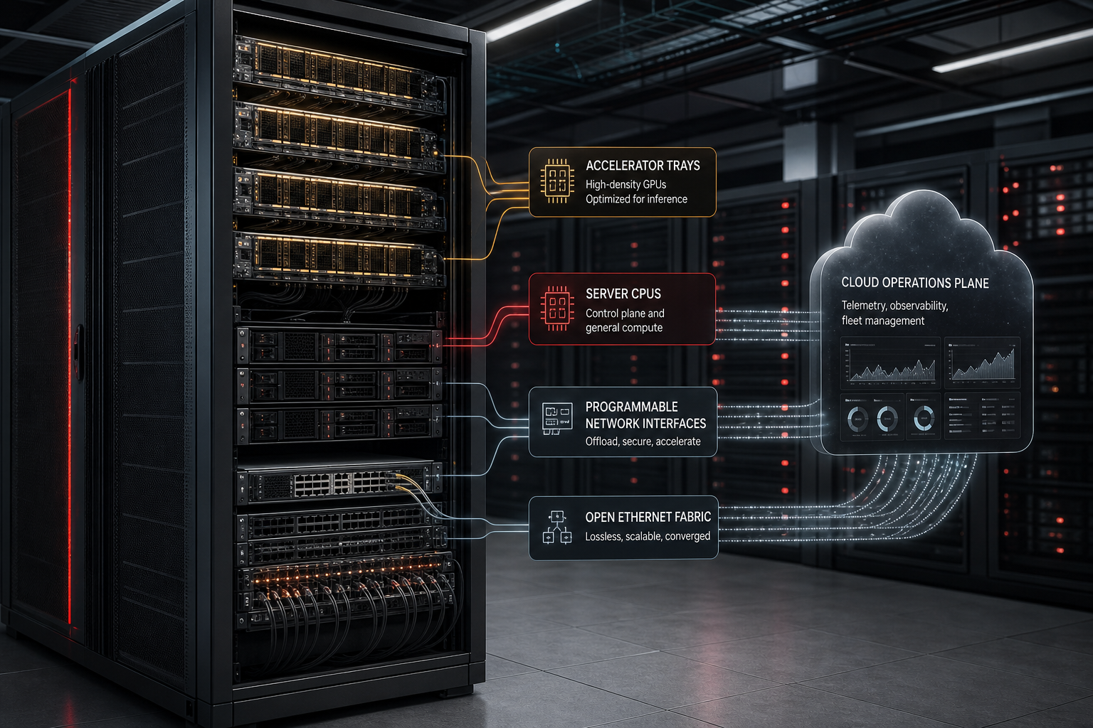 Editorial visualization of a Helios AI rack with GPUs, CPUs and open Ethernet networking serving cloud inference workloads