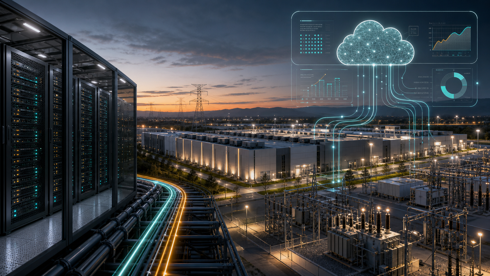 Editorial visual of an AI data center campus, electric grid and cloud operations dashboard representing Anthropic's long-term compute capacity lease