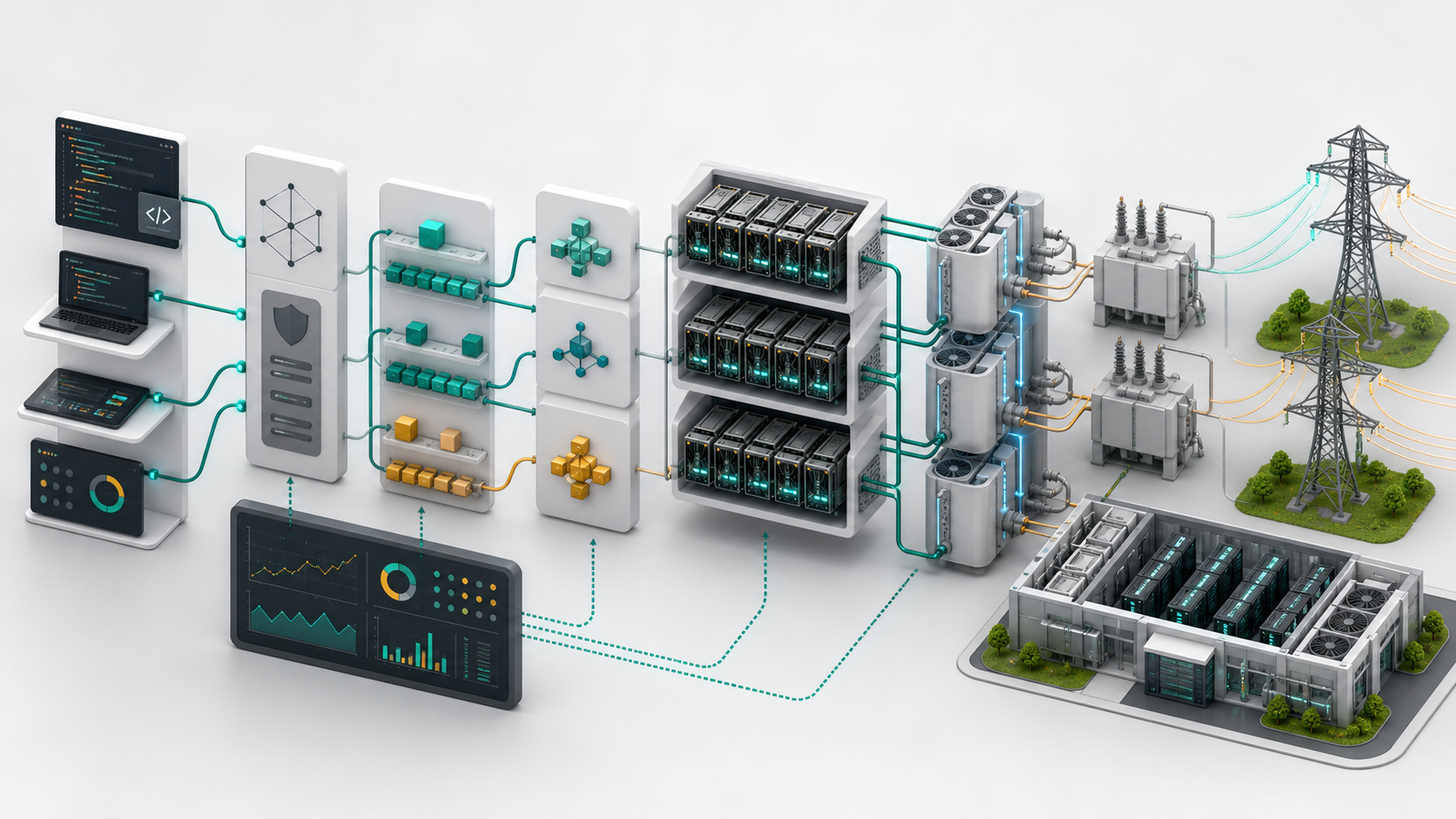 Workflow visual showing AI application traffic flowing through API gateways, cloud routing, model serving clusters and data center power systems