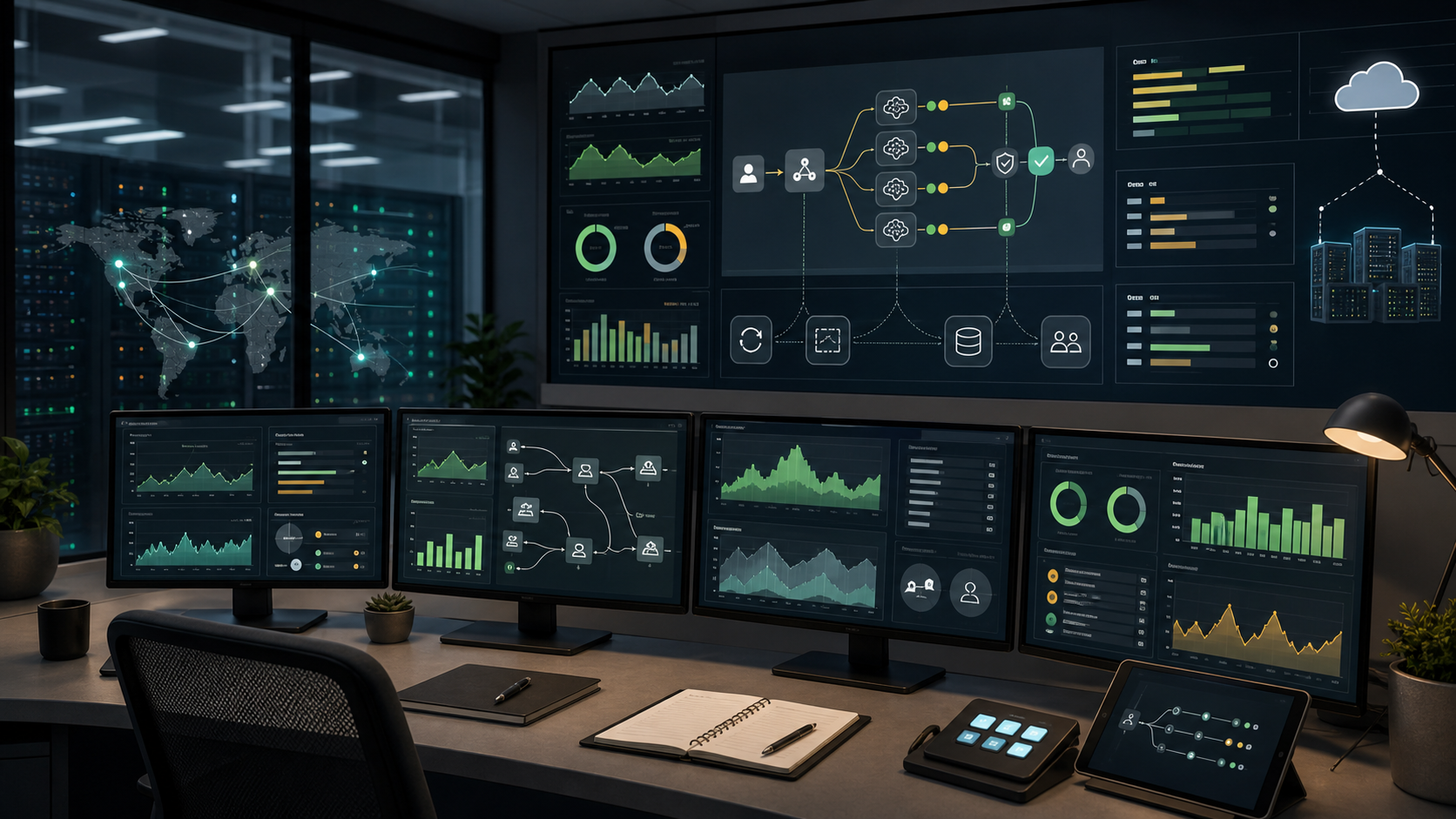 Operations dashboard visual showing AI API latency, rate limits, fallback routing, cost controls and deployment health indicators