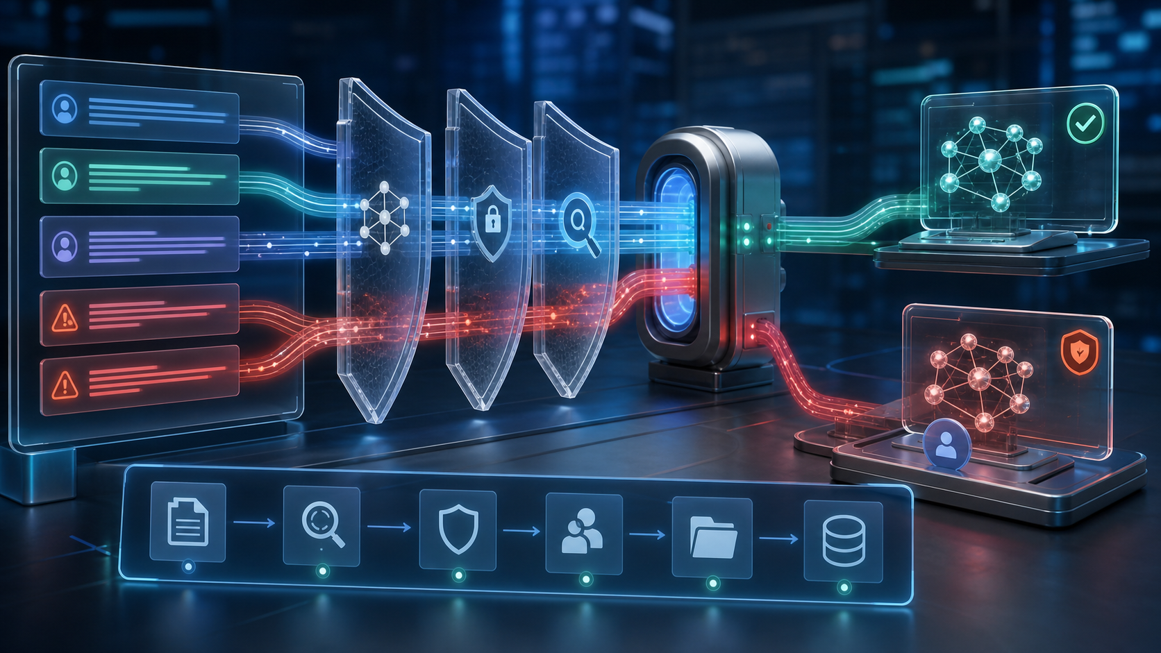 Illustration of safety classifiers separating approved coding help from high-risk cybersecurity prompts
