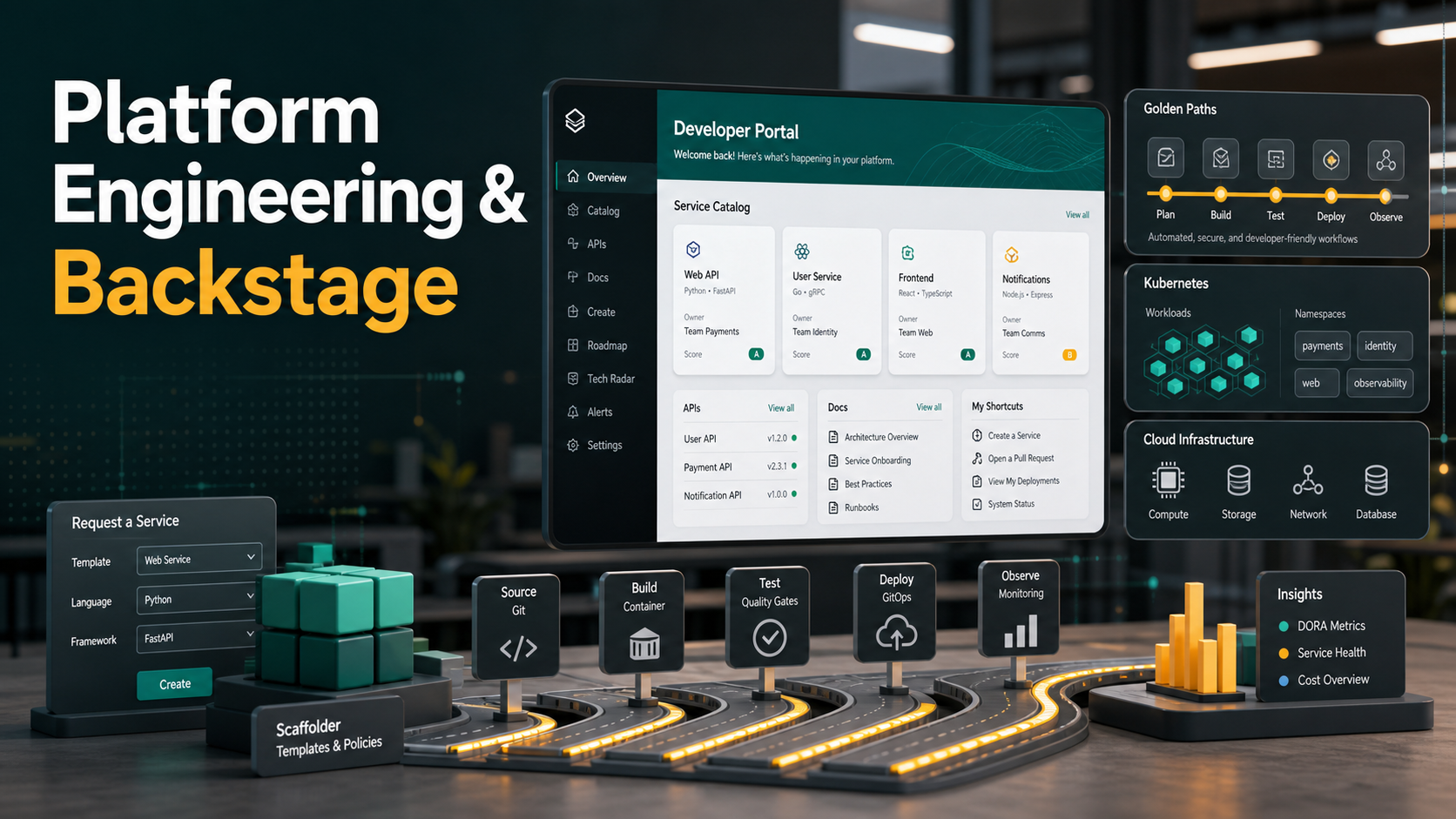 Platform Engineering and Backstage featured image showing a developer portal, service catalog, golden paths, Kubernetes, and cloud infrastructure.