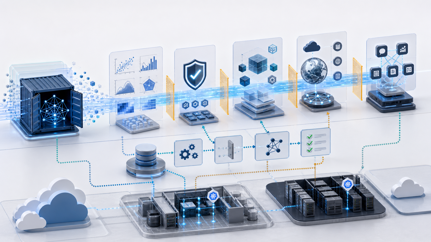 Open-weight AI model moving through evaluation, security, deployment, grounding and monitoring stages