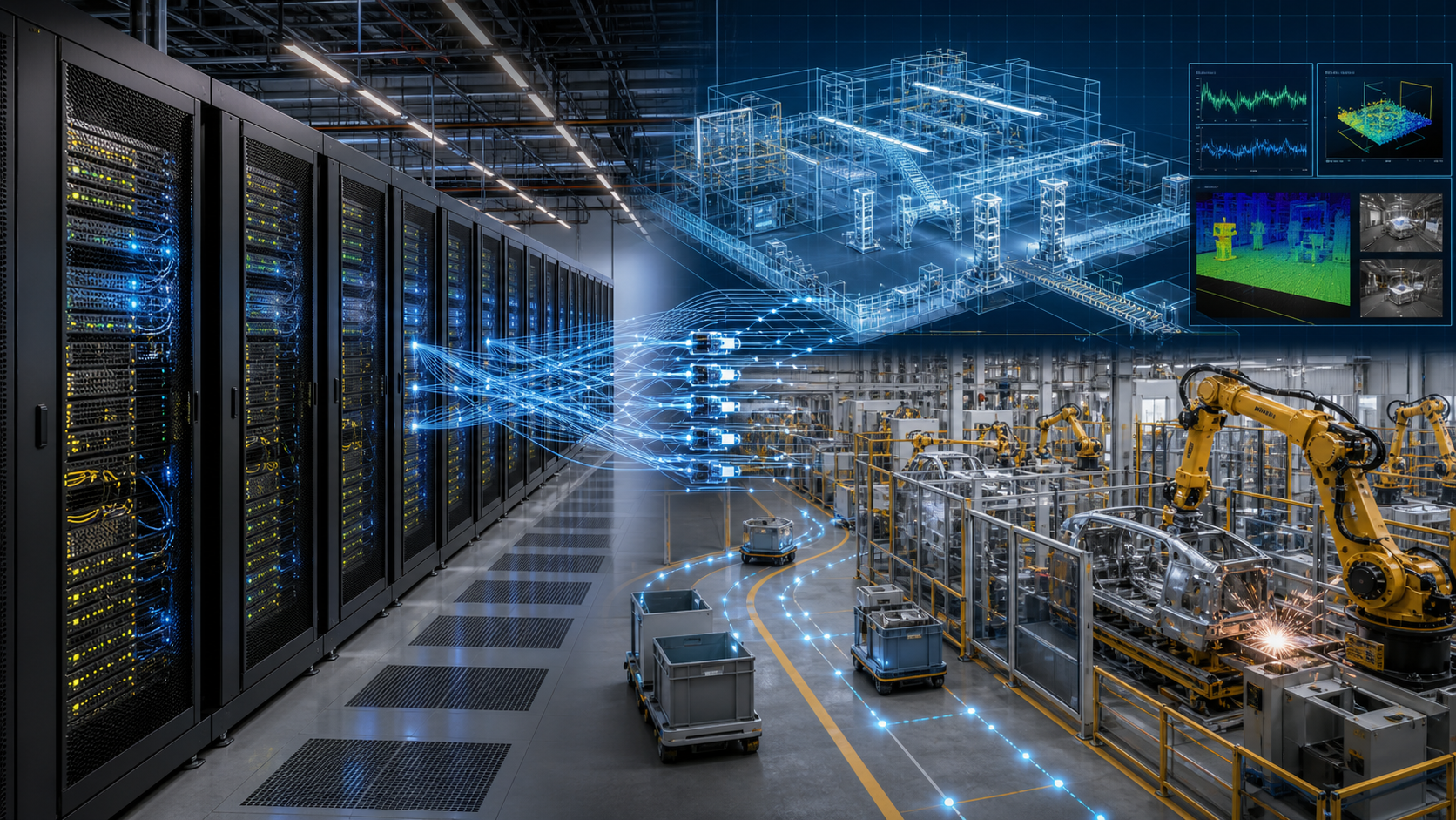 High-density AI compute racks linked to a digital twin and robotic manufacturing systems