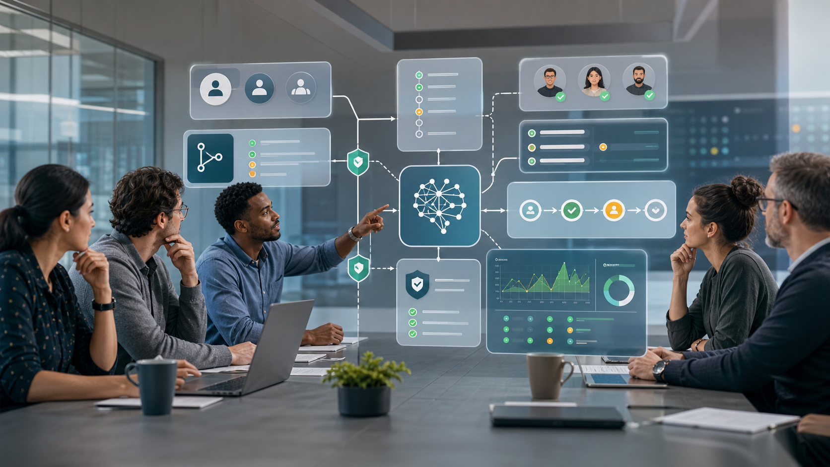 Platform teams reviewing AI agent workflow governance dashboards and approval gates