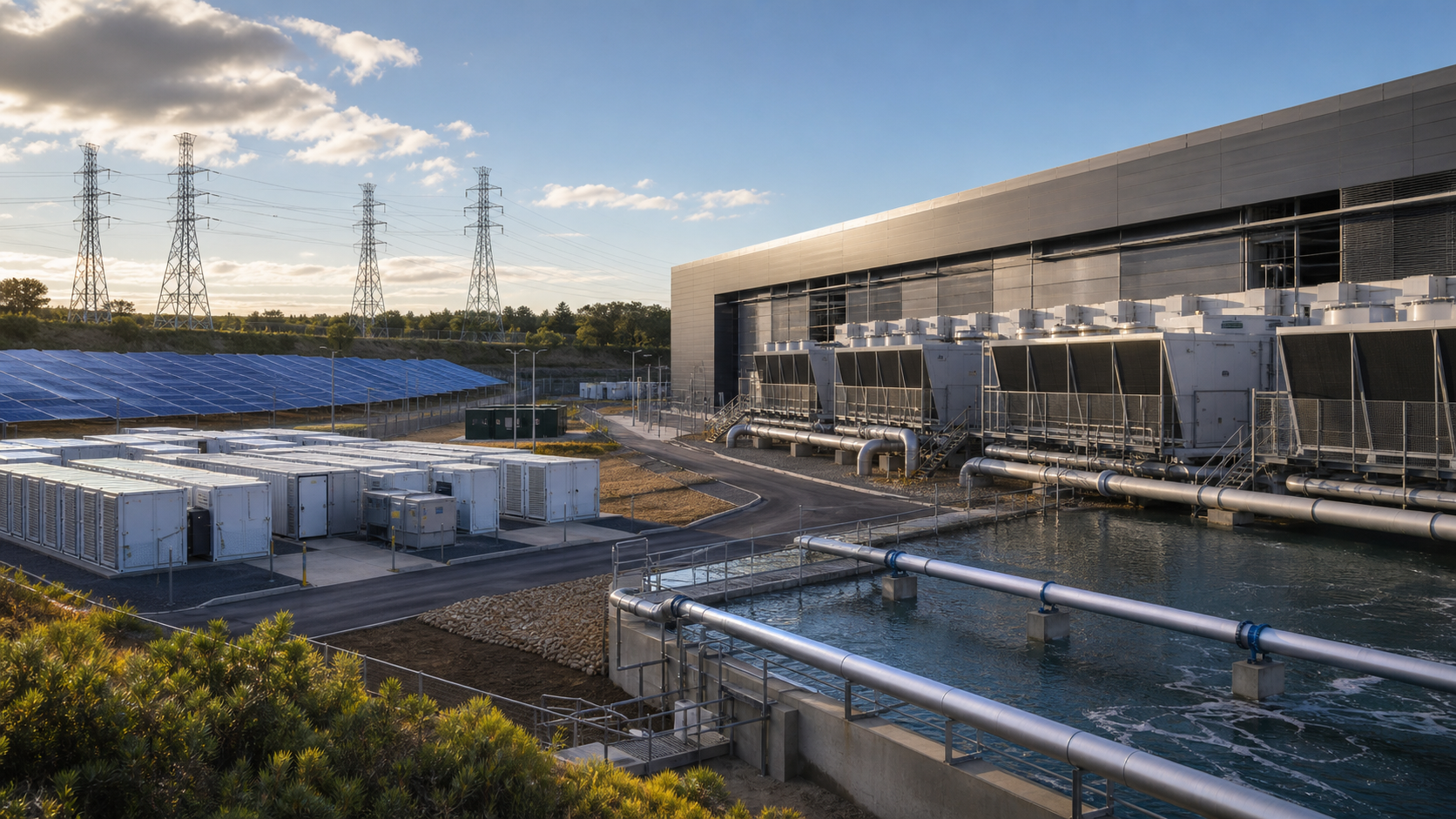 Large AI data centre connected to power lines, solar generation and water-cooling infrastructure