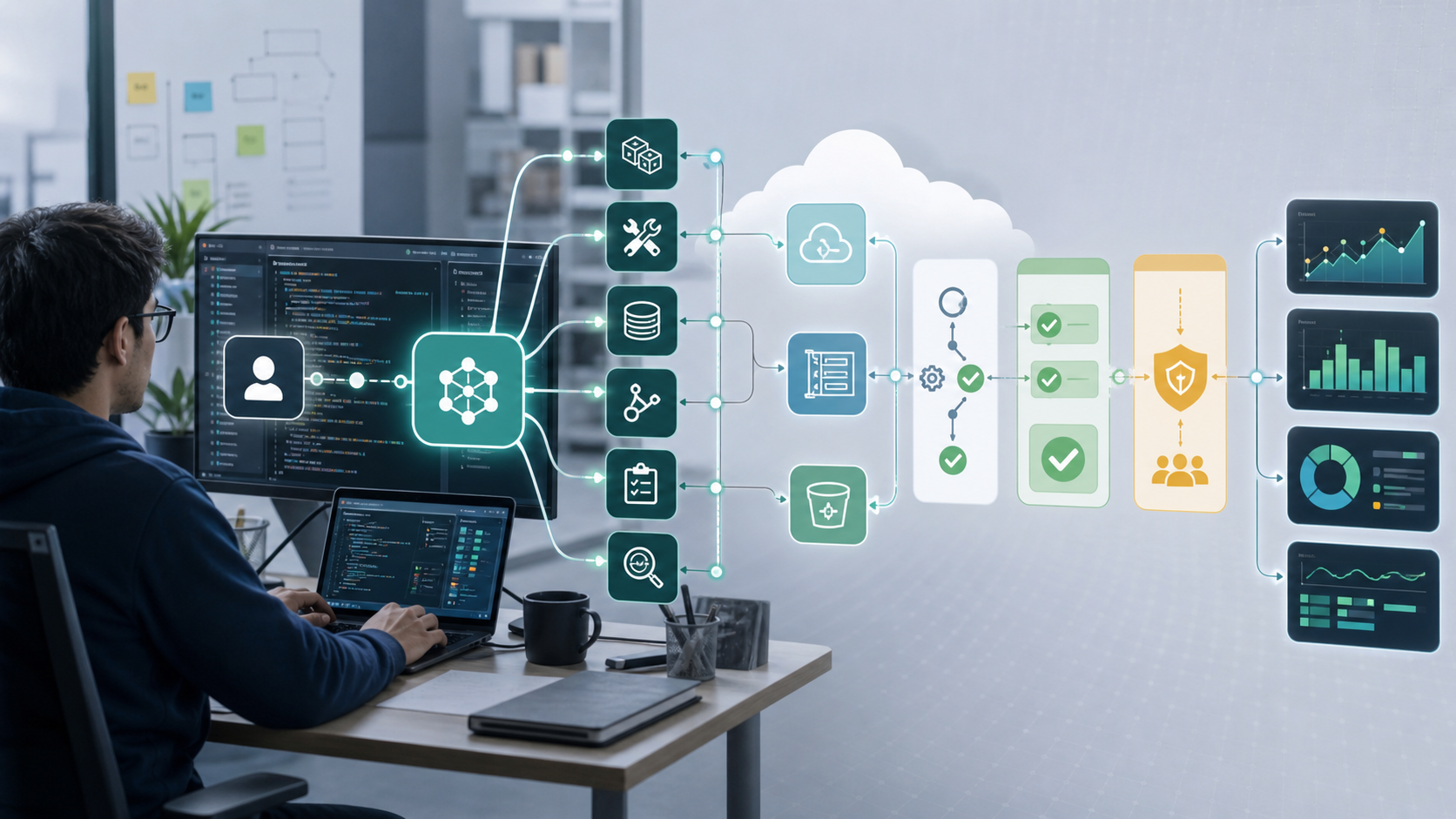 Developer workstation showing AI agent orchestration across code, cloud services, approvals and observability dashboards
