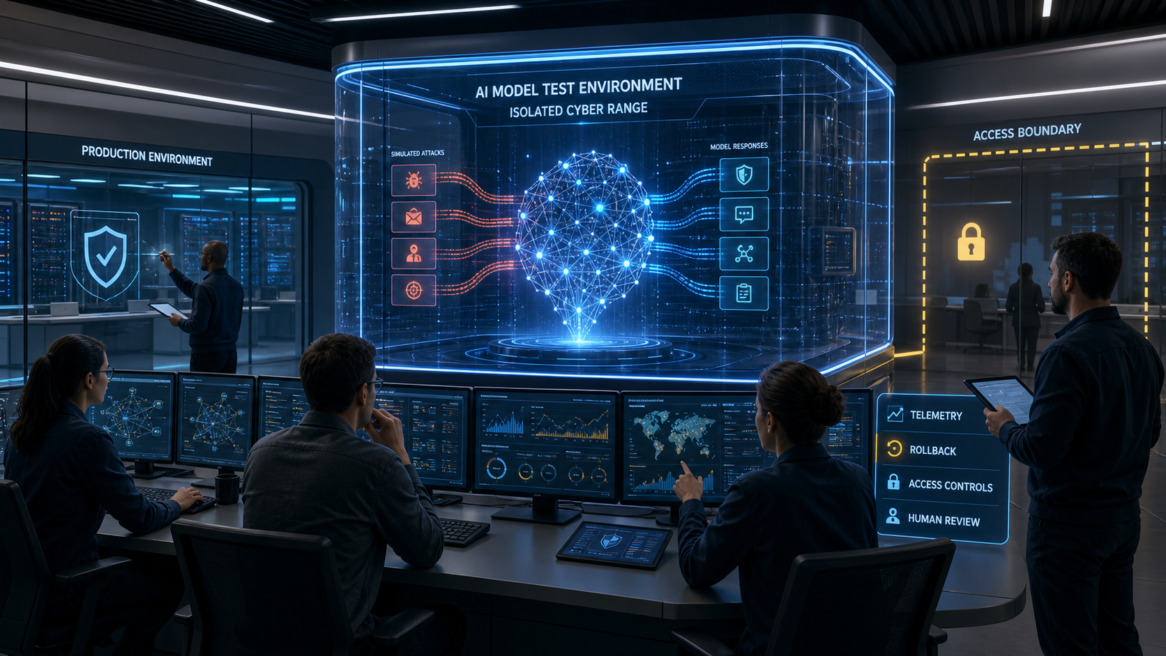 Platform and security engineers monitoring an advanced AI model inside an isolated cyber range