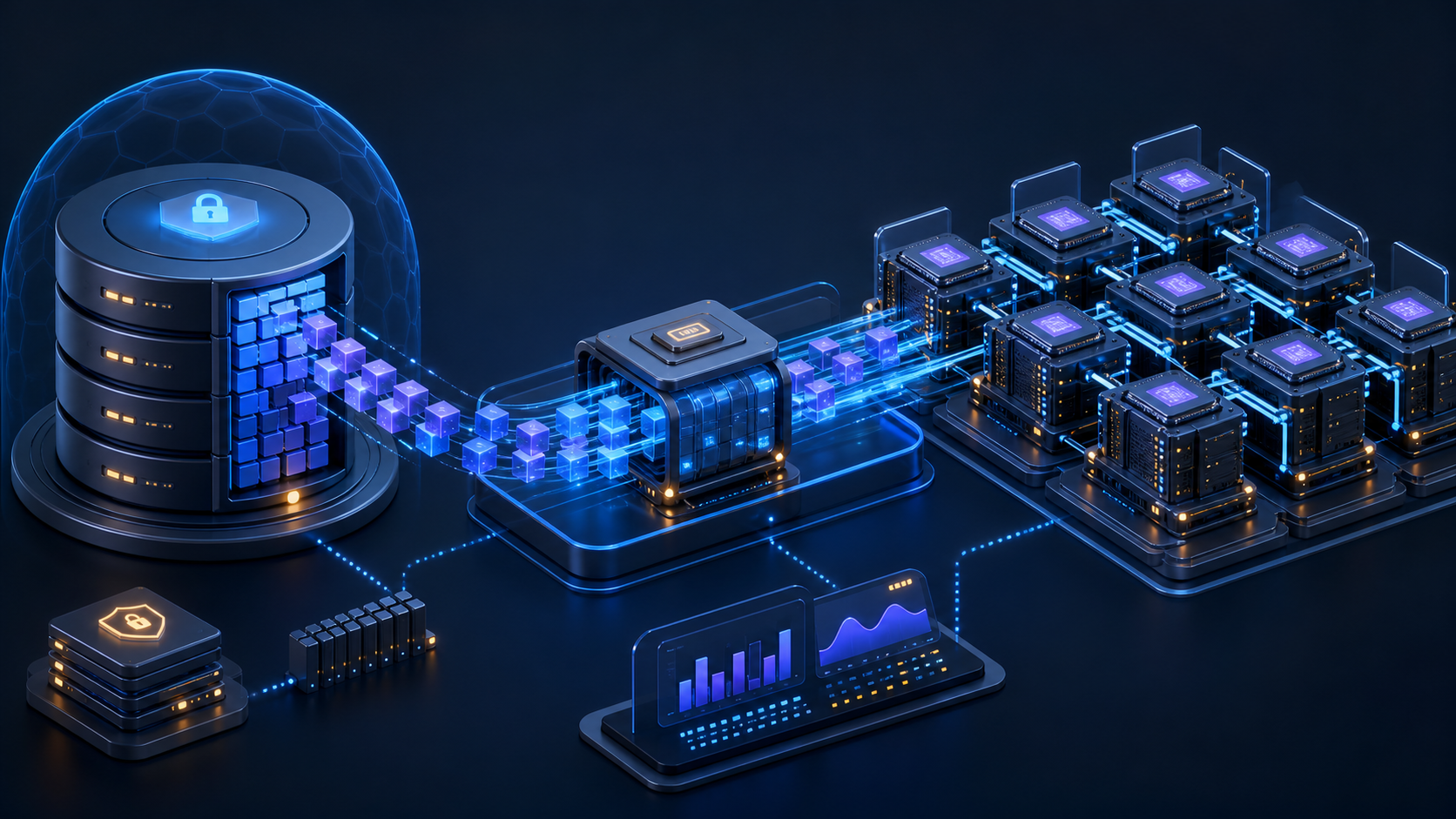 Illustration of a large open-weight AI model checkpoint moving through storage, accelerator and serving layers in a private cloud