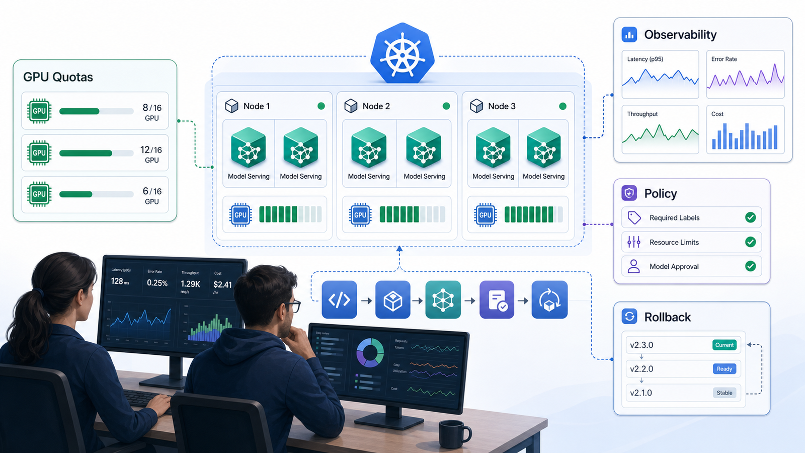 Kubernetes operations view for AI workloads with GPU quotas, model serving, observability, policy, and rollback controls.