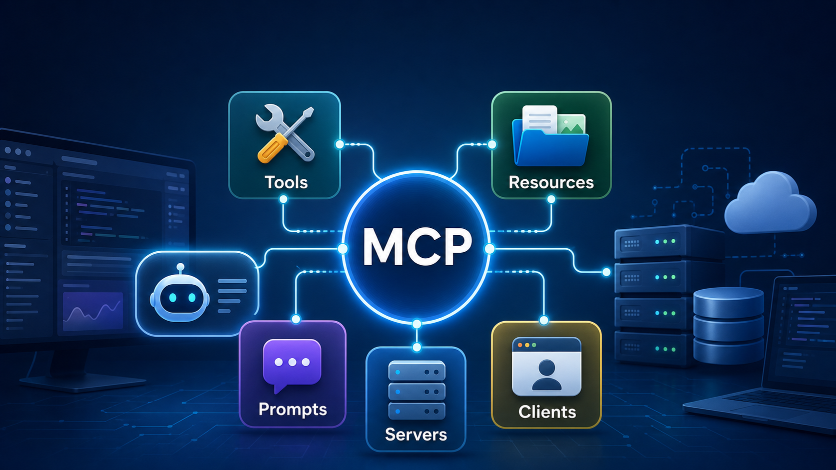 Model Context Protocol hub connecting AI clients, MCP servers, tools, resources and prompts