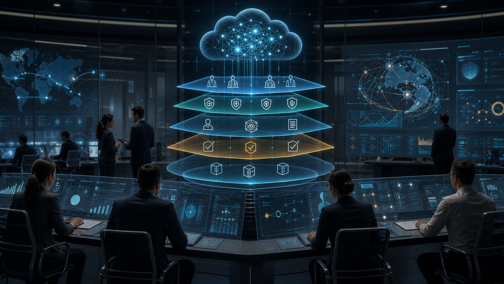 Illustration of model access controls, cyber-safety review layers, monitoring and deployment approval checkpoints.