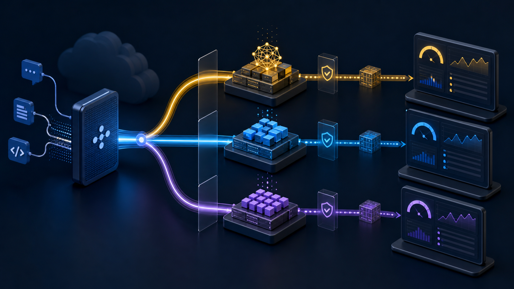 Cloud API gateway routing AI workloads across three model tiers with separate monitoring paths