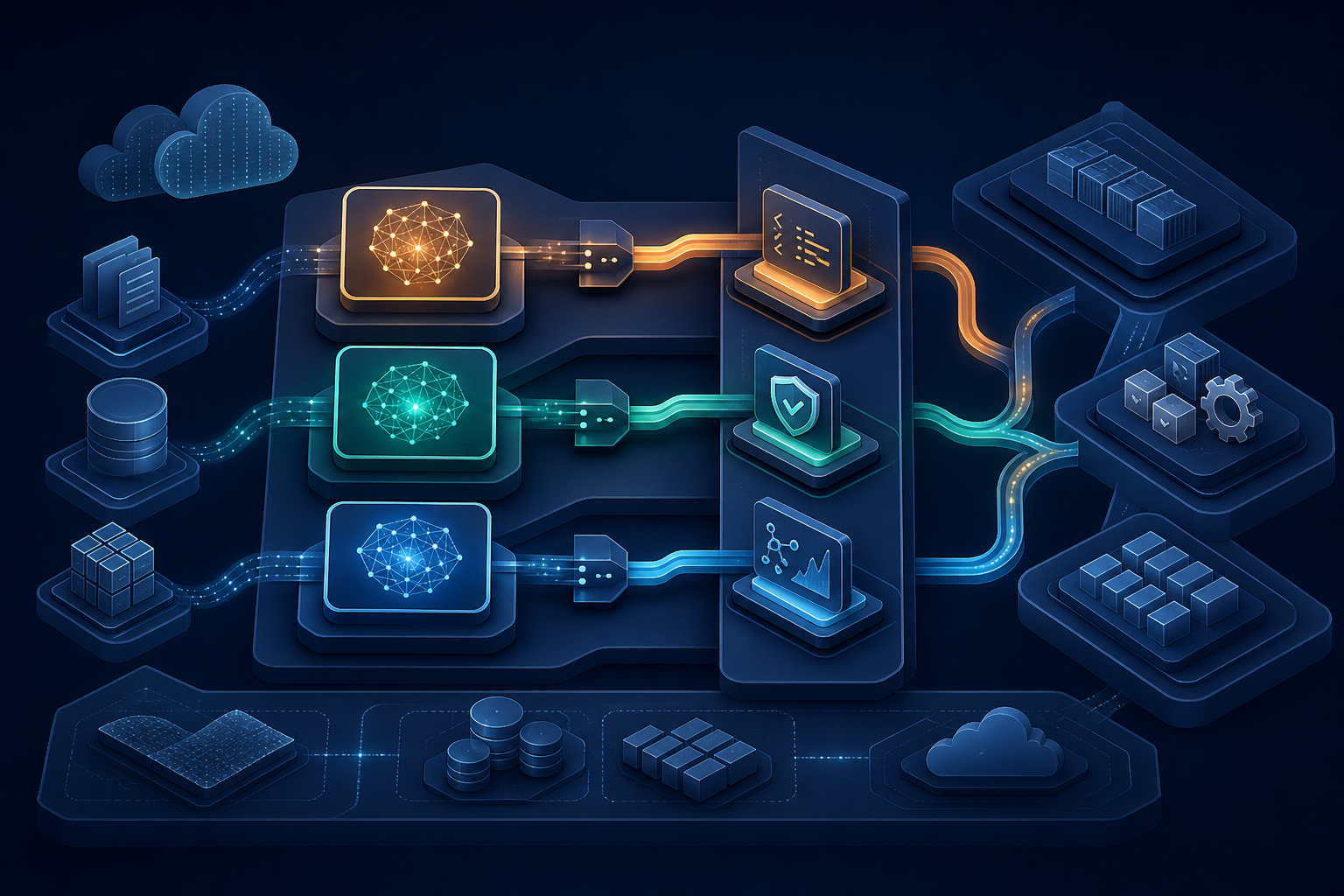 Three AI model tiers routed through cloud engineering, security and deployment workloads