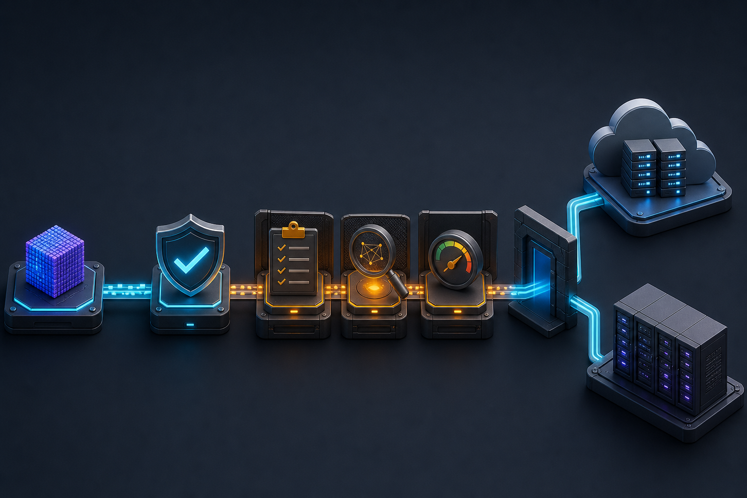 Open-weight AI deployment stack showing a model artifact moving through verification and evaluation to cloud and on-premises infrastructure.