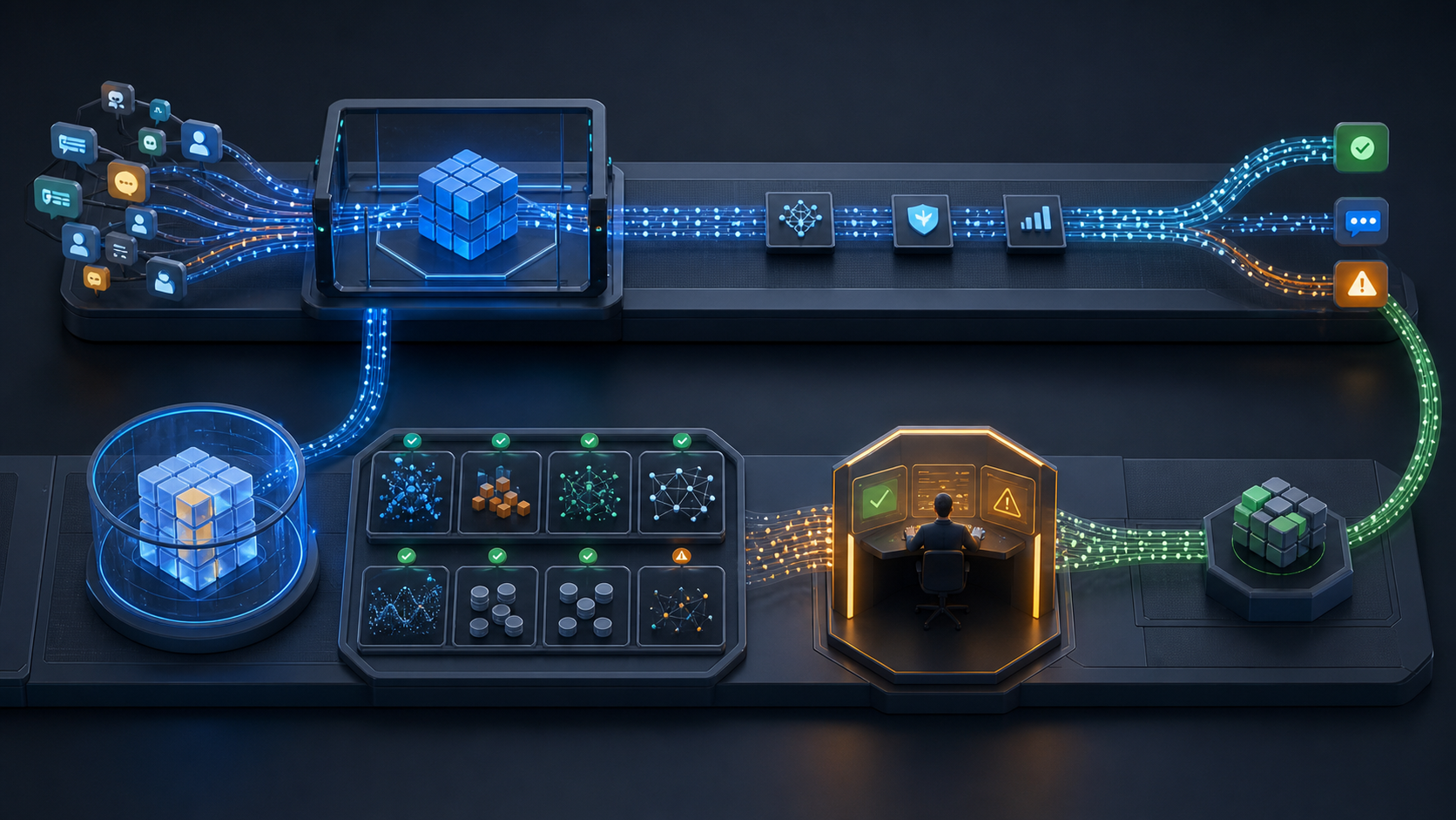 Production AI agent signals flowing into a separate evaluation environment and through human approval before controlled rollout