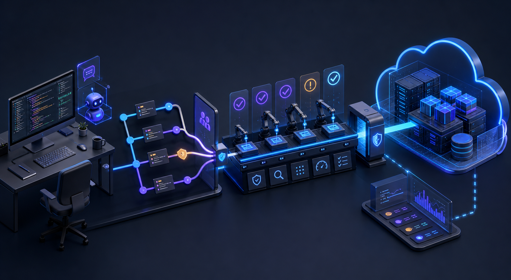 Developer workstation connecting AI coding agents, Git workflows and CI/CD to a governed enterprise cloud runtime