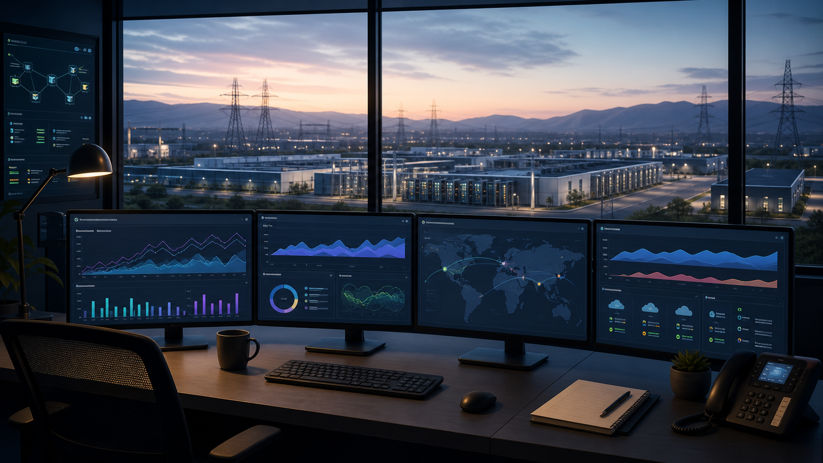 Platform operations dashboard overlooking a large AI data center and electric grid