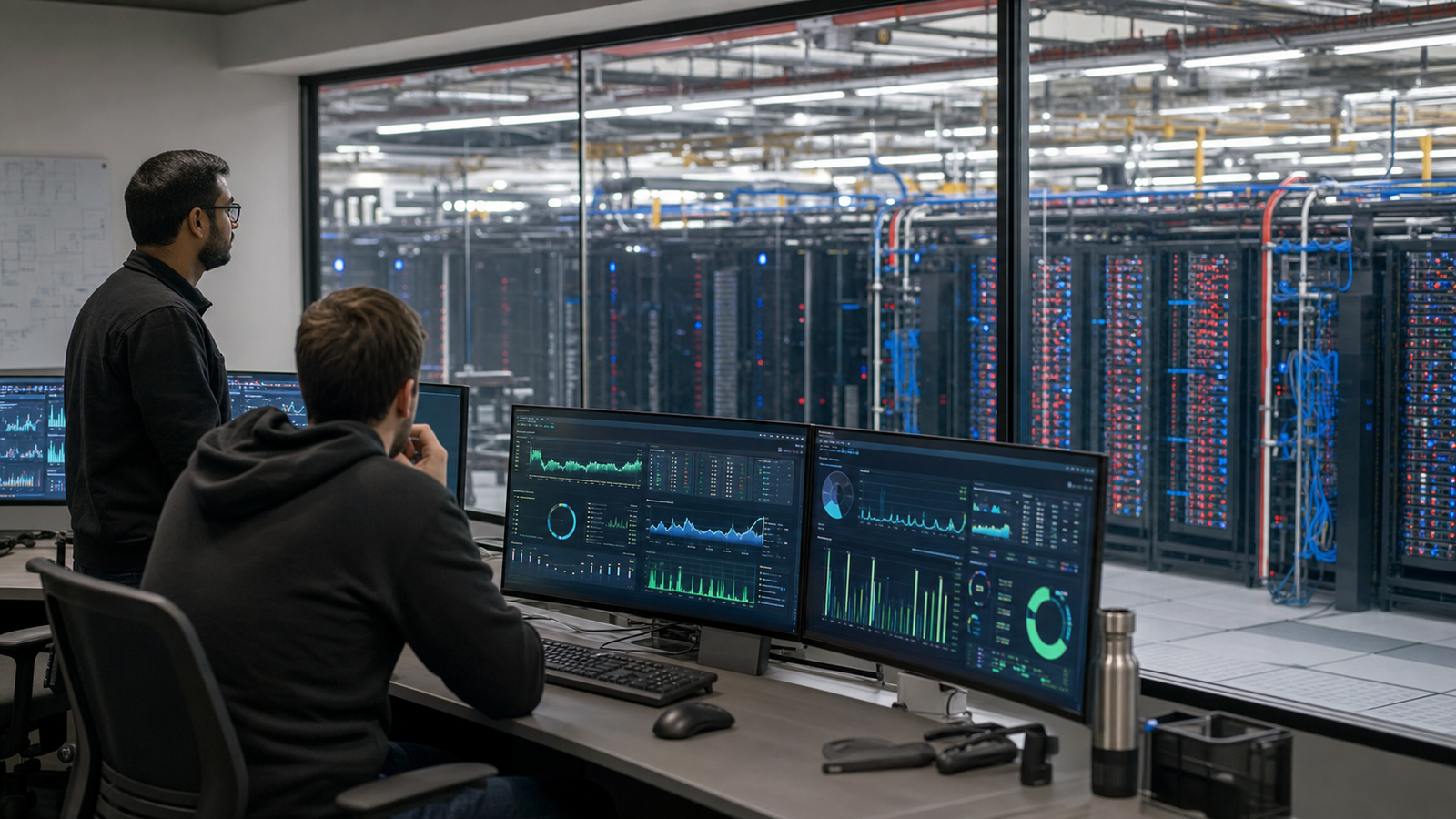 Platform engineers monitoring a large AI compute cluster with dashboards for capacity, latency and reliability.