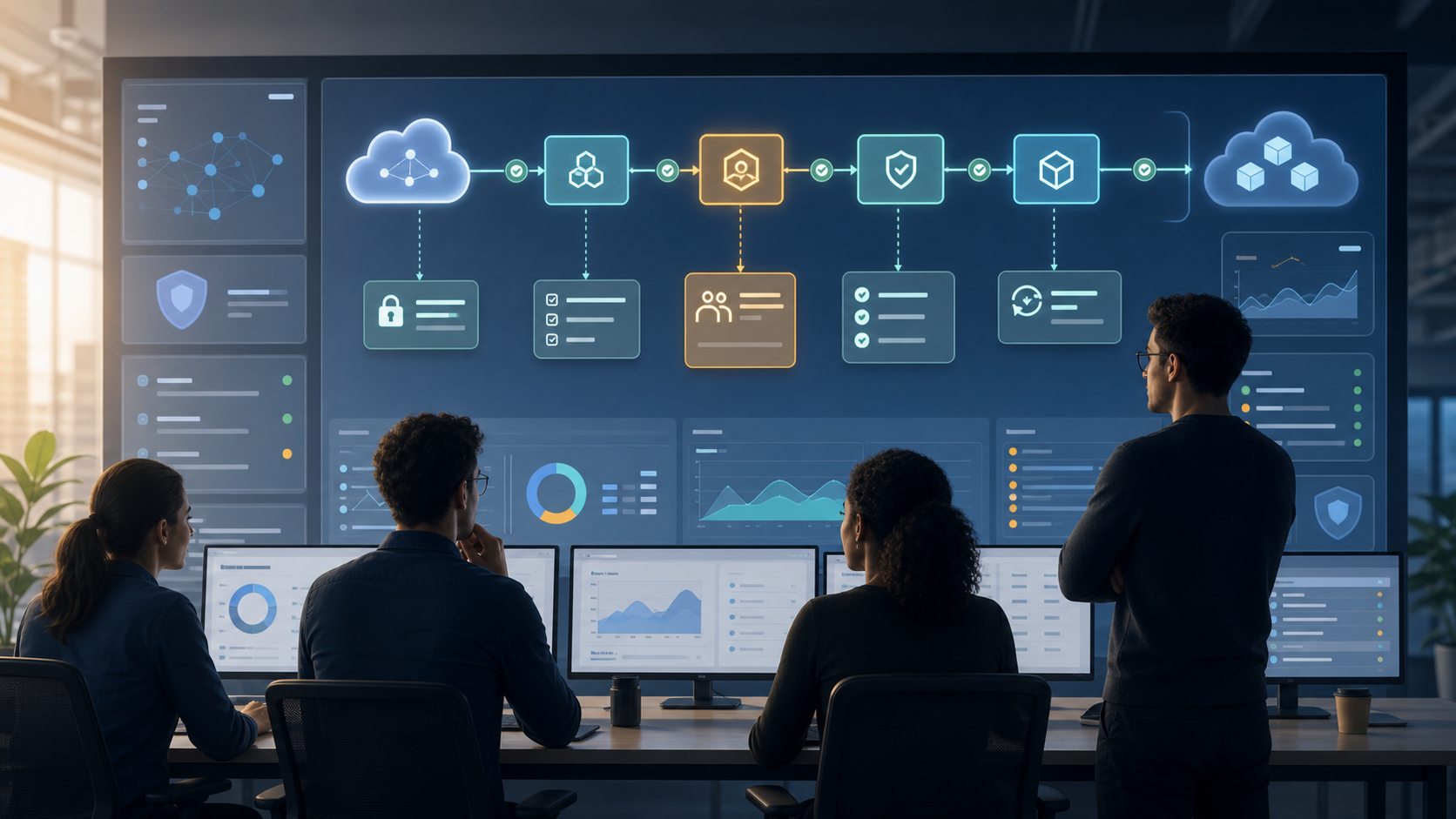 Platform team reviewing governed AI agent rollout with approval and logging controls