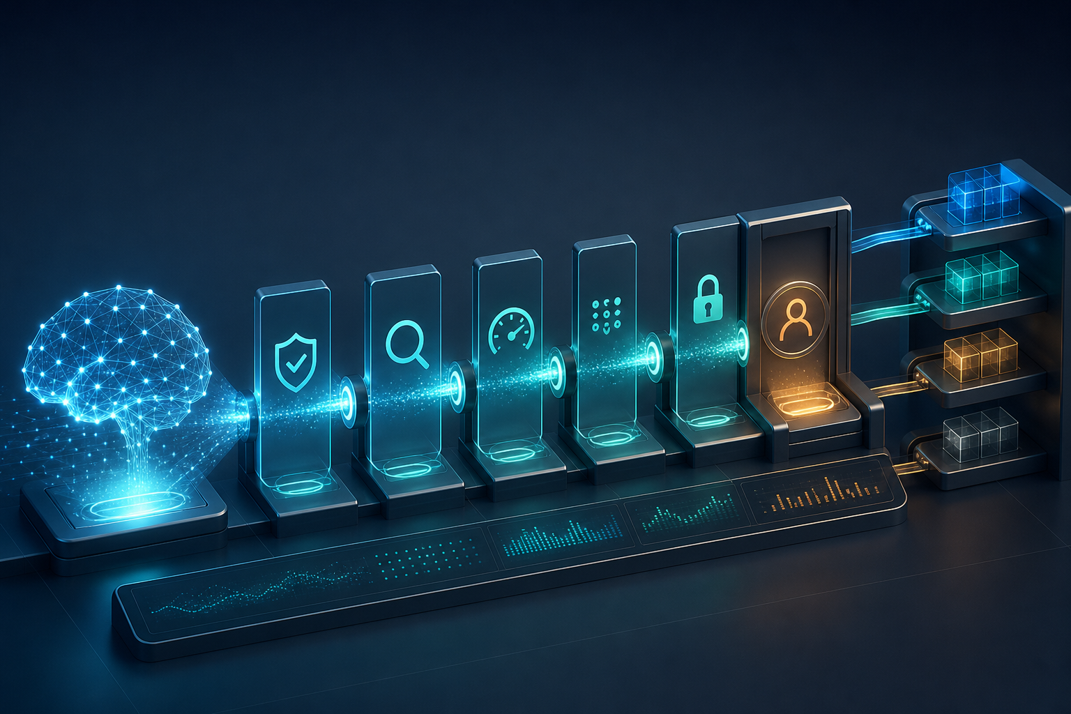 AI workload moving through security, quality, observability and human approval gates before deployment