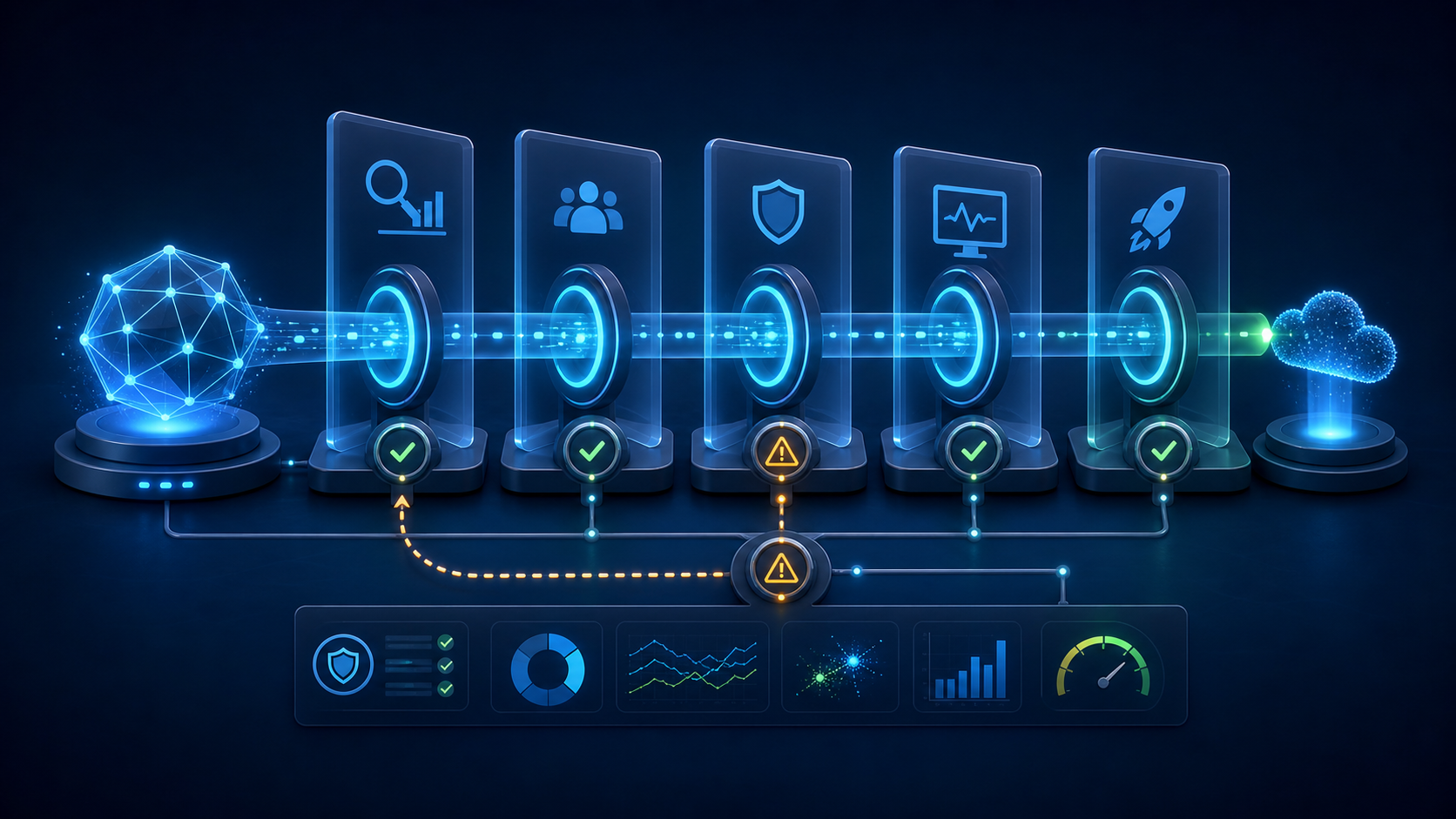 AI model moving through evaluation, security, monitoring and controlled production rollout gates