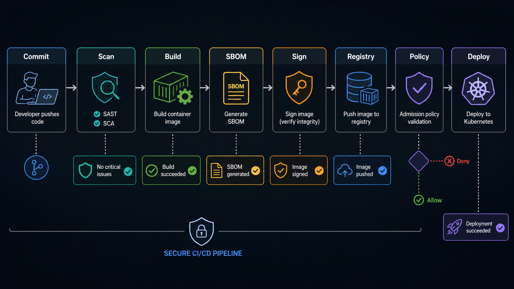 Secure CI/CD pipeline for container images with scanning, SBOM, signing and policy gates