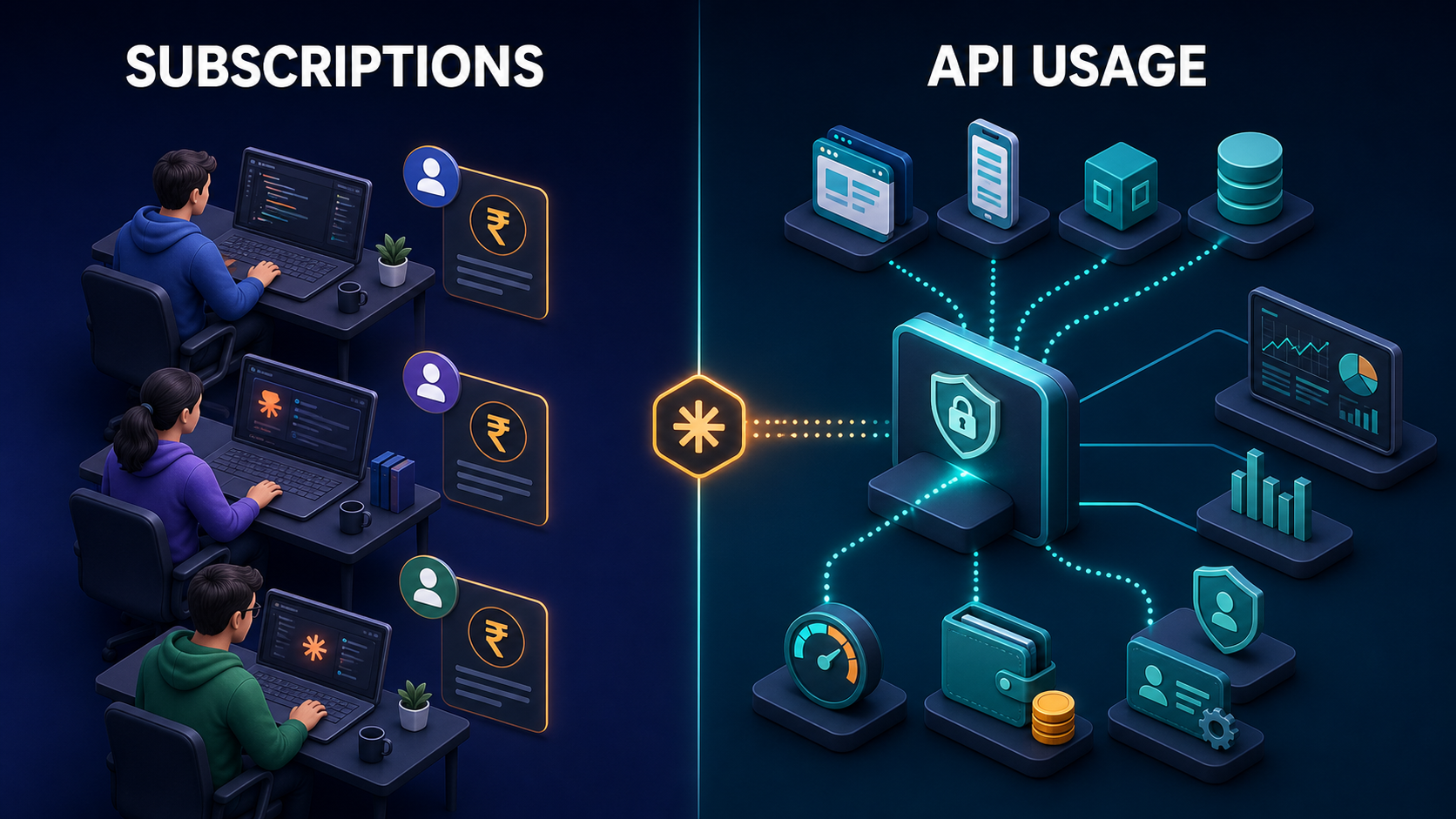 Diagram separating Claude subscription seats for developers from API token consumption for production applications