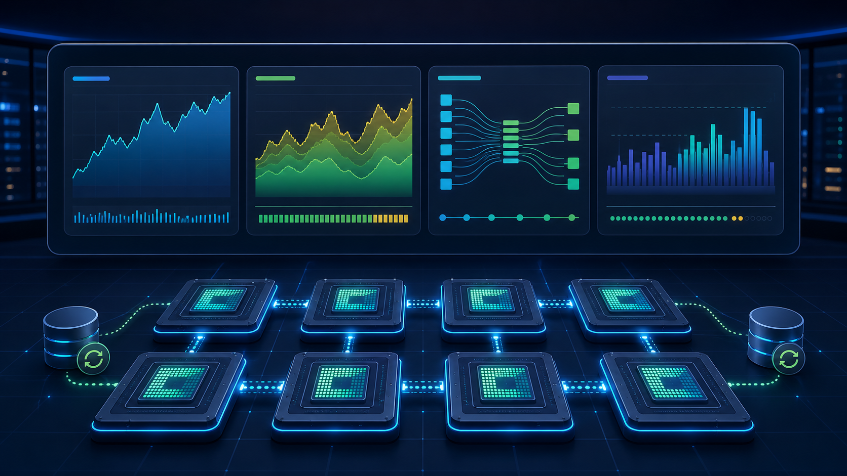 Operations dashboard concept monitoring TPU utilization, memory, data flow and model serving.