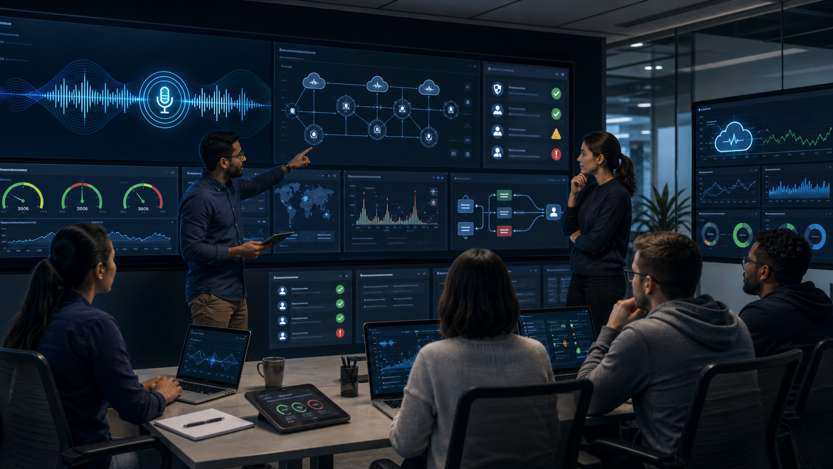 DevOps team reviewing realtime voice AI latency, safety gates and escalation dashboards