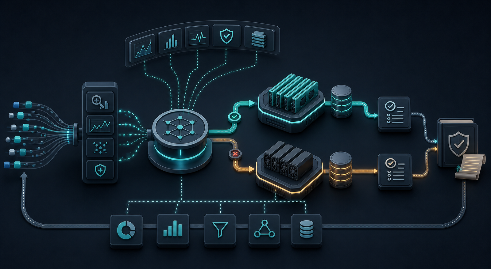 Illustration of monitored agent requests routed between a low-latency accelerator tier and a GPU fallback path