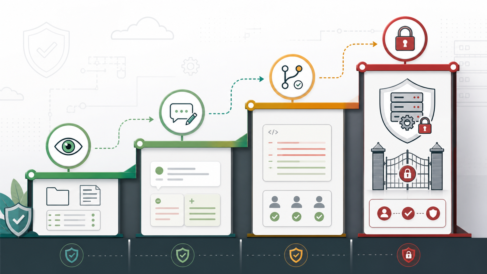 AI agent permission ladder from read-only access to suggestions, branch changes, and protected production controls