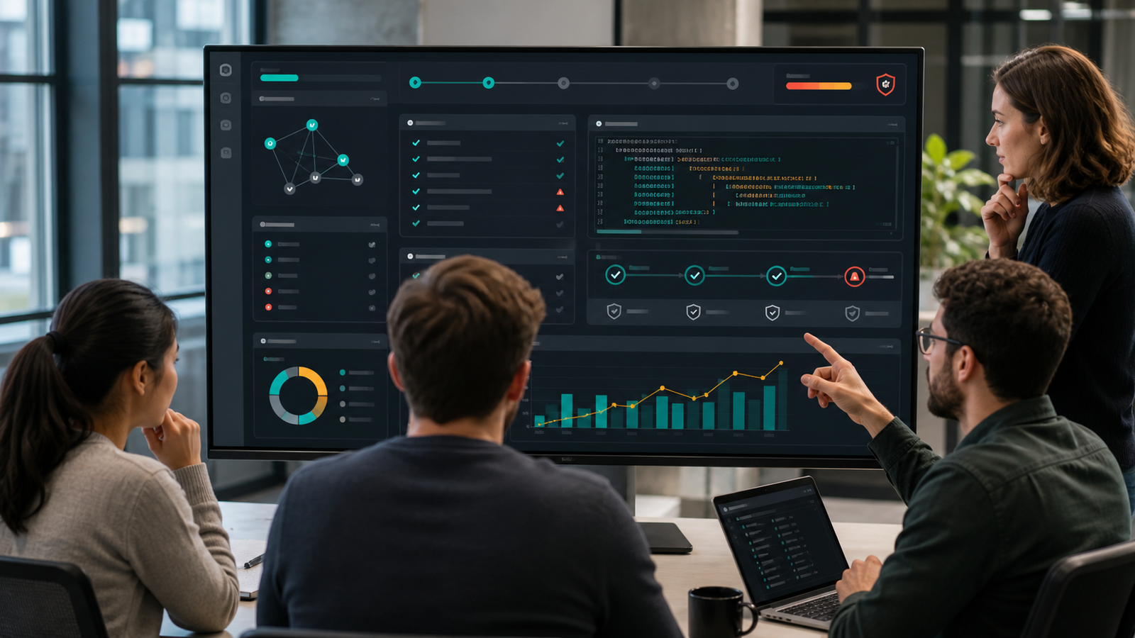 DevOps team reviewing an AI agent pull request risk dashboard with CI/CD checks, workflow changes, security gates, and cost charts.