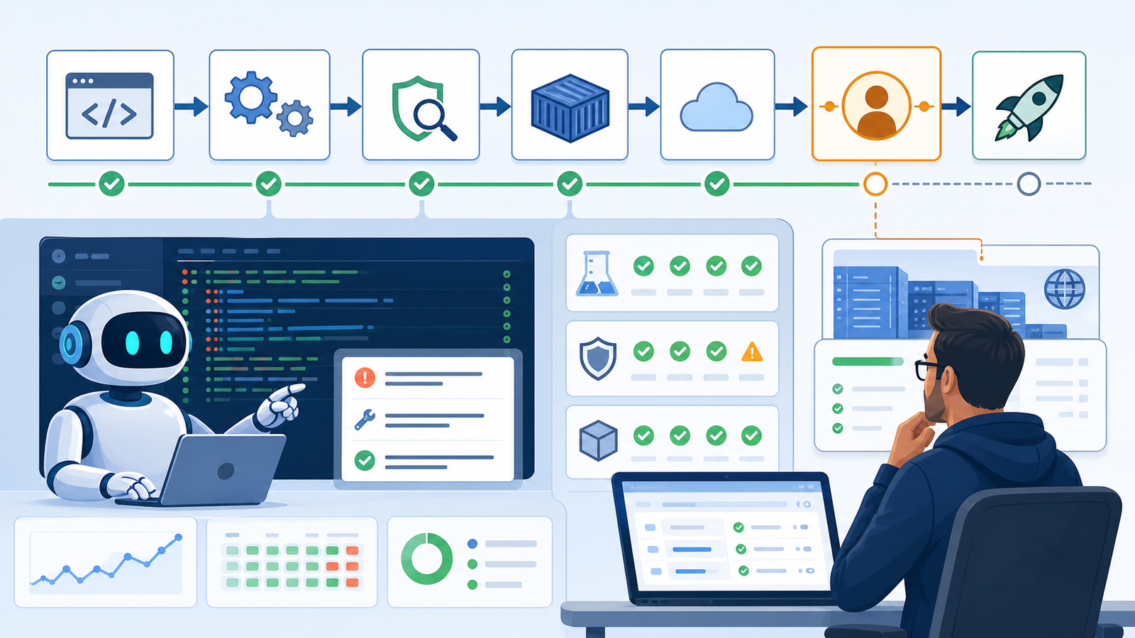 AI-assisted CI/CD pipeline with tests, security scans, deployment stages, and human approval gate