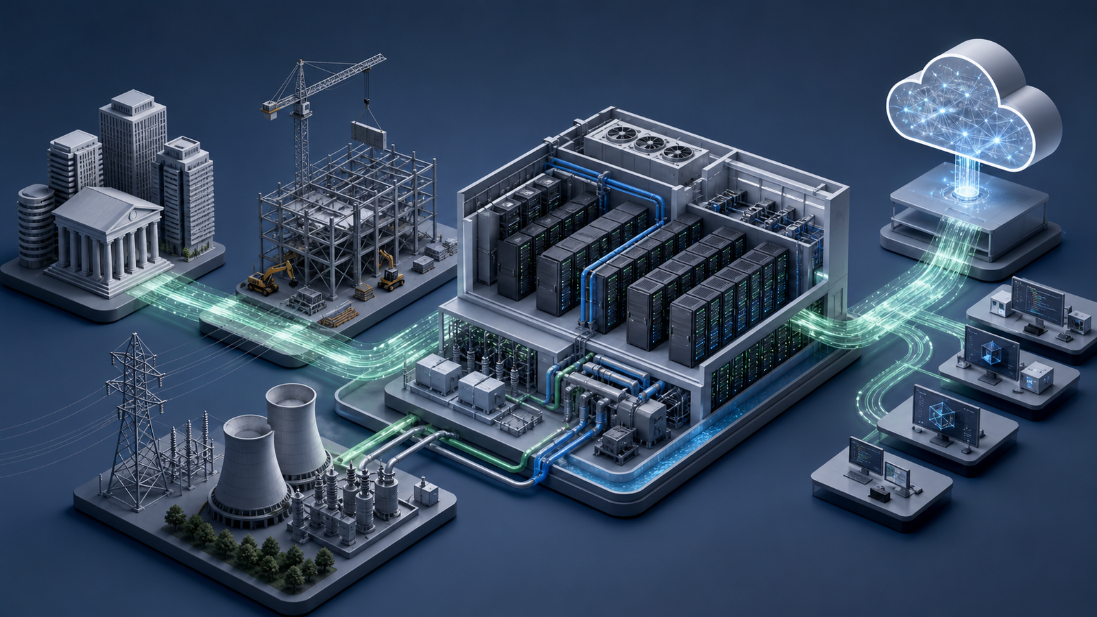 Isometric illustration showing institutional financing flowing into AI data-centre construction, power, cooling, GPU clusters and cloud workloads