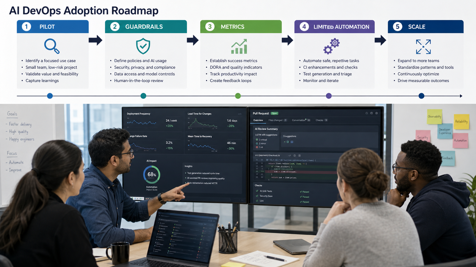 A phased AI DevOps rollout from pilot repositories to guarded production automation with metrics and review gates.