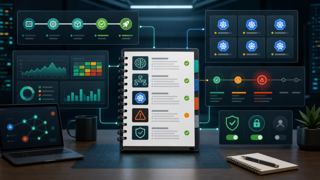 AI DevOps runbook dashboard showing CI/CD checks, Kubernetes signals, and incident guardrails