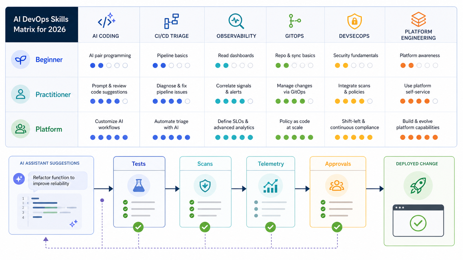 AI DevOps skills matrix showing learning stages connected to tests, scans, telemetry, and approvals.