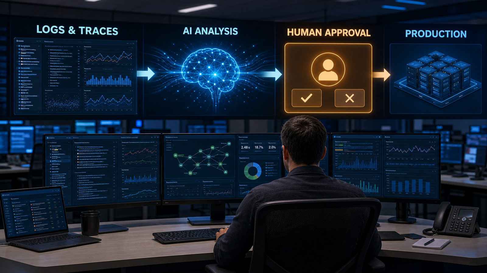 Reliability engineer reviewing an AI-assisted incident response pipeline connecting logs, traces, analysis and a human approval gate